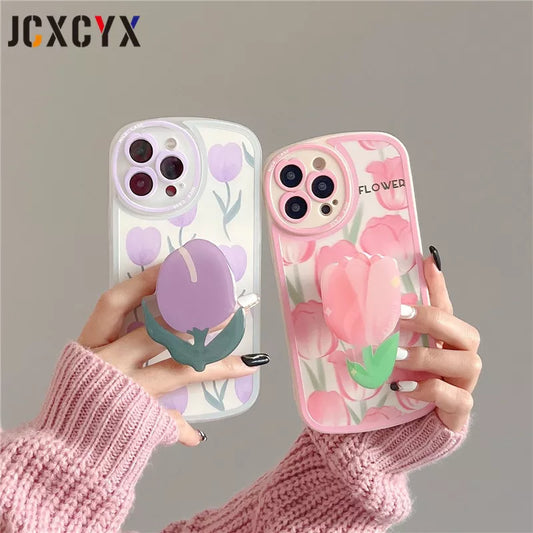Flower Bracket Ring Holder Stand Soft Phone Case for iphone 13 14 Pro Max 12 MiNi 11 XR X XS 7 8 plus 6 SE Lens Protective Cover