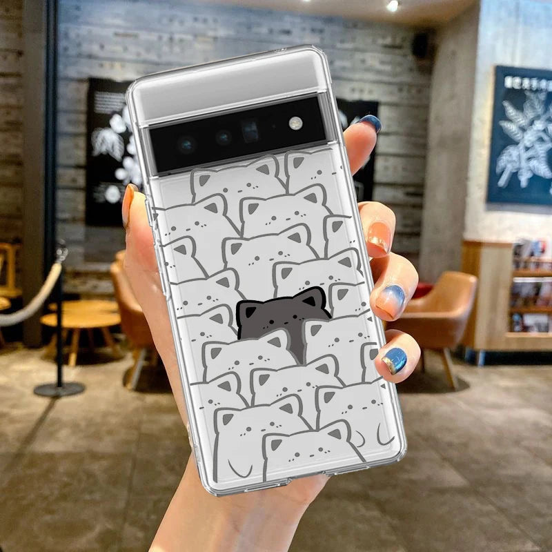 Cute Cartoon Cat Phone Cover for Google Pixel 7A 7 6 Pro 6a 7 Pro 5G Couple Paired Transparent Case Fundas Shell