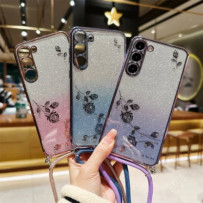 Crossbody Lanyard Glitter Flower Case For Samsung Galaxy A54 A34 A24 A14 A04 A04S A04E A53 A73 A33 A23 A13 A03 Core Soft Cover