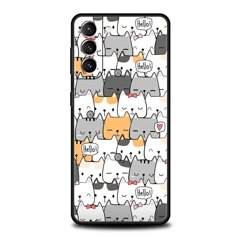 Cartoon Cute Cats Background Phone Case For Samsung Galaxy S22 S20 FE S21 Ultra 5G S9 S8 S10 Plus S10E Note 10 Lite 20 Cover