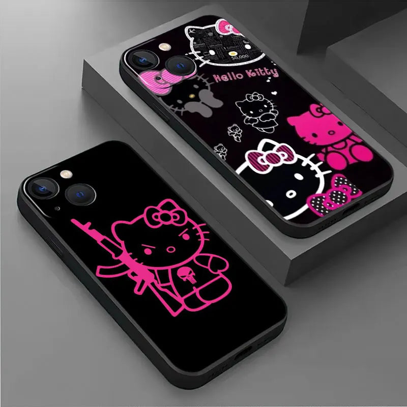 Phone Case For iPhone 11 12 13 14 Pro Max Mini XS XR X 8 7 6S 6 15 se Plus Black Silicone Cover Fundas Cute Cool Hello Kitty Cat