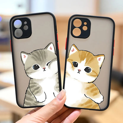 Cute Animal Cat Couple Lovers Phone Case for iPhone 11 12 13 14 Pro Max Mini 7 8 Plus SE X XR XS Max Matte Paired Covers Fundas