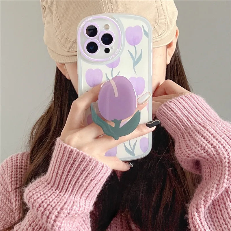 Flower Bracket Ring Holder Stand Soft Phone Case for iphone 13 14 Pro Max 12 MiNi 11 XR X XS 7 8 plus 6 SE Lens Protective Cover