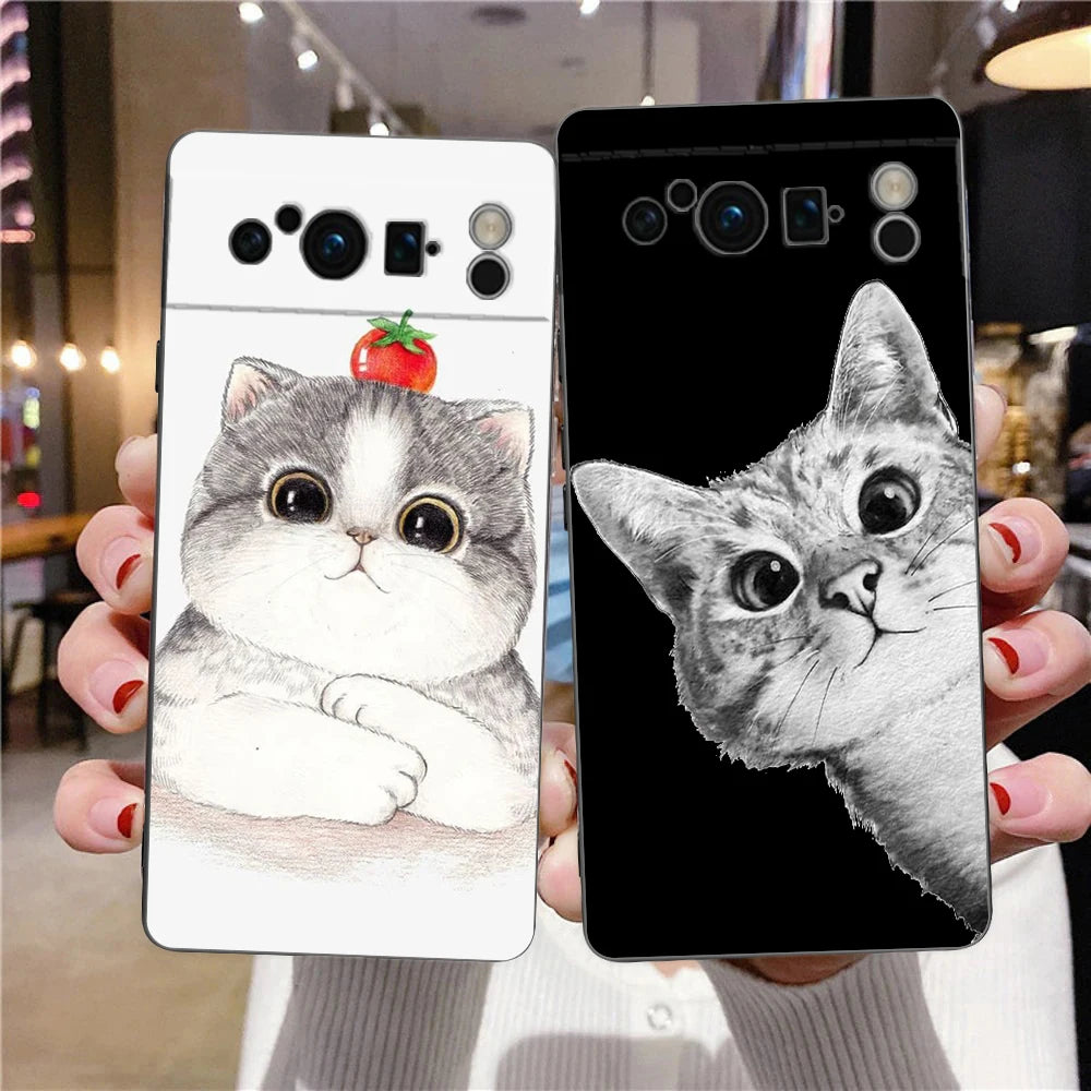 Cat Cute Kitten Cartoon For Google Pixel 8 7 6 Pro 6A 5G Black Phone Case Soft Shockproof Back Cover Silicone TPU Shell Coque