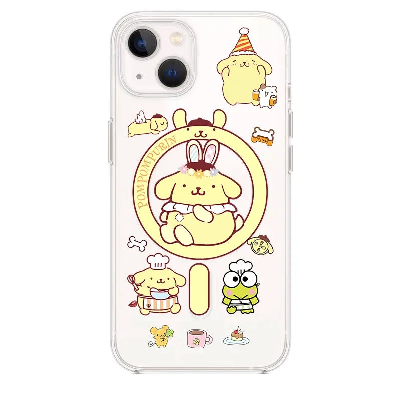 Cute Cartoon Cinnamoroll PomPom Purin for Magsafe Magnetic Bracket Phone Case For iPhone 16 15 14 13 12 11 Pro Max Clear Cover