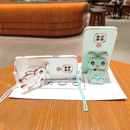 Cute Cartoon Rabbit Fold Stand For Motorola G9 Play Phone Case With Lanyard Luxury Plating Cover