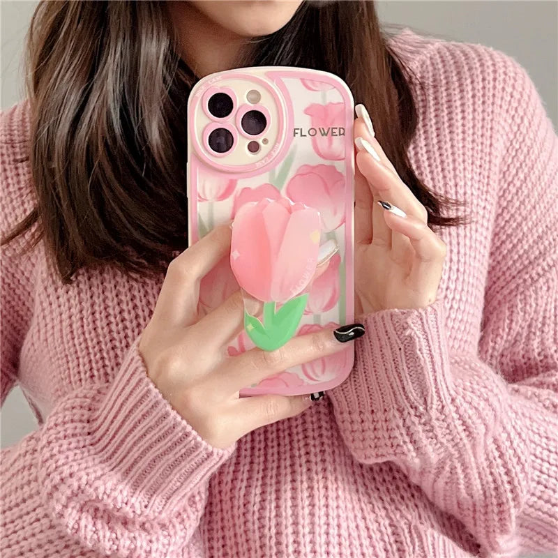 Flower Bracket Ring Holder Stand Soft Phone Case for iphone 13 14 Pro Max 12 MiNi 11 XR X XS 7 8 plus 6 SE Lens Protective Cover