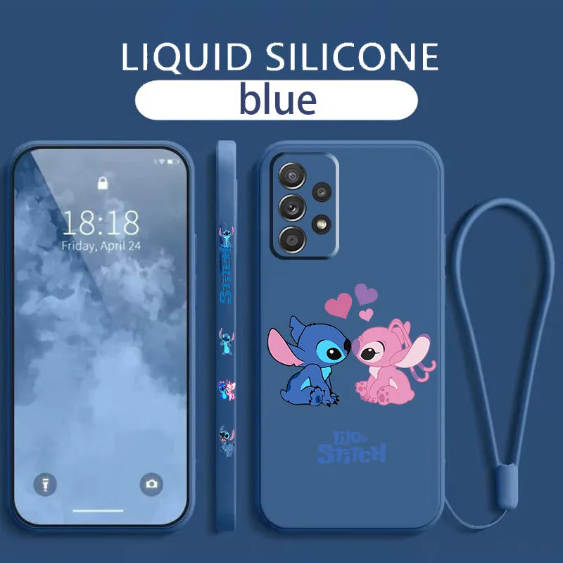 Stitch Lilo Disney Angel Phone Case For Samsung Galaxy A73 A53 A33 A52 A32 A71 A51 A21S A03S 4G 5G Liquid Left Rope Cover Fundas