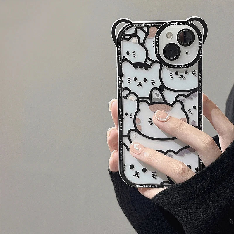 Cute Bear With Lanyard Phone Case For iPhone 14 13 11 12 Pro Max XS X XR 8 7 15 14 Plus Cartoon Cat Soft TPU Cover Bumper