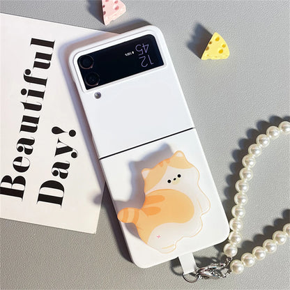 Korean Luxury Cut Cartoon Cat Bracelet Pearl Bracelet Case for Samsung Galaxy Z Flip 3 4 5 5G Flip4 ZFlip5 Shockproof Cover