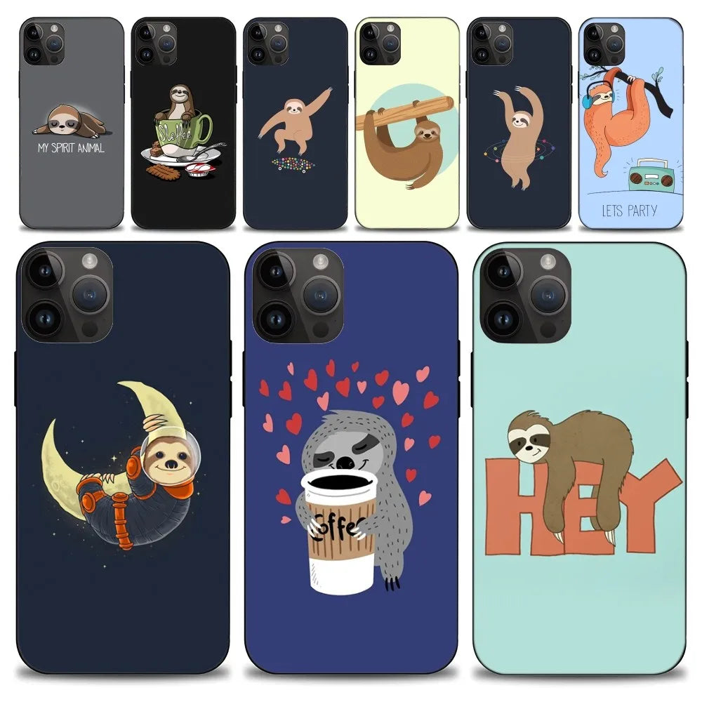Cute Cartoon Sloth Black Phone Case iphone15 14 13 12 11 Pro Max Mini X 7 8 Soft Case