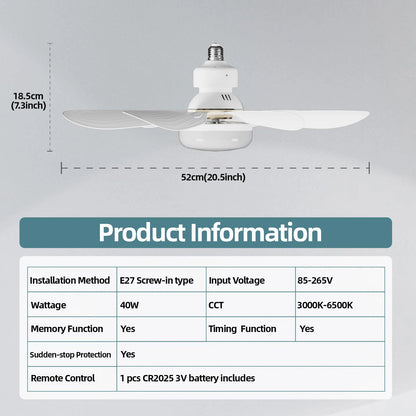 LED 40W ceiling fan light E27 with remote control for dimming, suitable for living room, study, household use, 85-265V