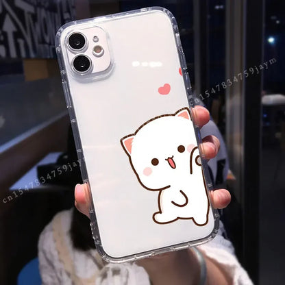 Cute Peach Mochi Cat Couple Phone Case For iPhone 12 11 Pro MAX 13 XS XR 7 15 X 14 8Plus Lover Pairs Shockproof Soft Cover Shell