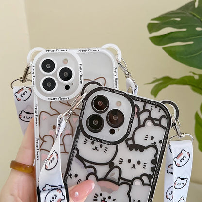 Cute Bear With Lanyard Phone Case For iPhone 14 13 11 12 Pro Max XS X XR 8 7 15 14 Plus Cartoon Cat Soft TPU Cover Bumper