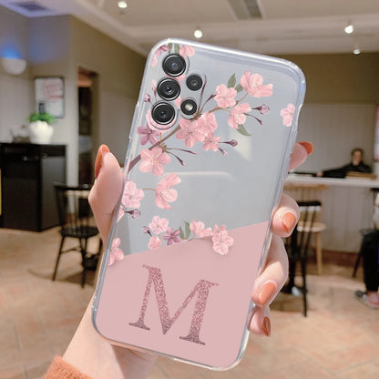 Initial Letter Case For Samsung A32 4G Capa A32 5G Fashion Phone Cover Pink Flowers Alphabet Transparent Funda For Samsung A32