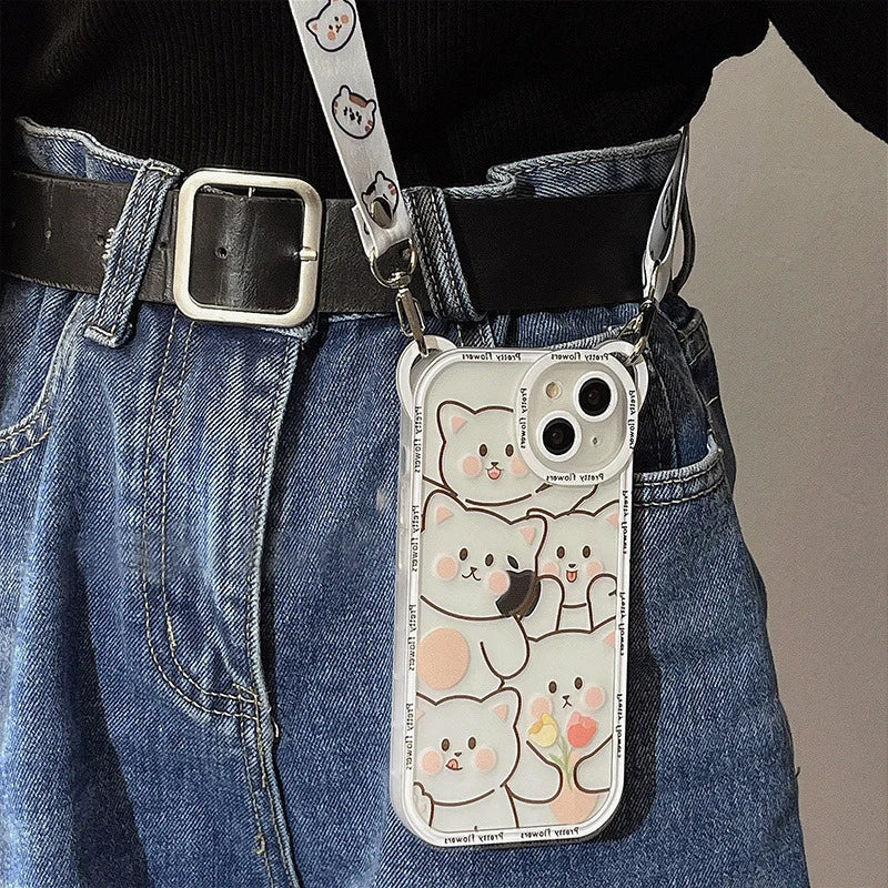 Cute Bear With Lanyard Phone Case For iPhone 14 13 11 12 Pro Max XS X XR 8 7 15 14 Plus Cartoon Cat Soft TPU Cover Bumper