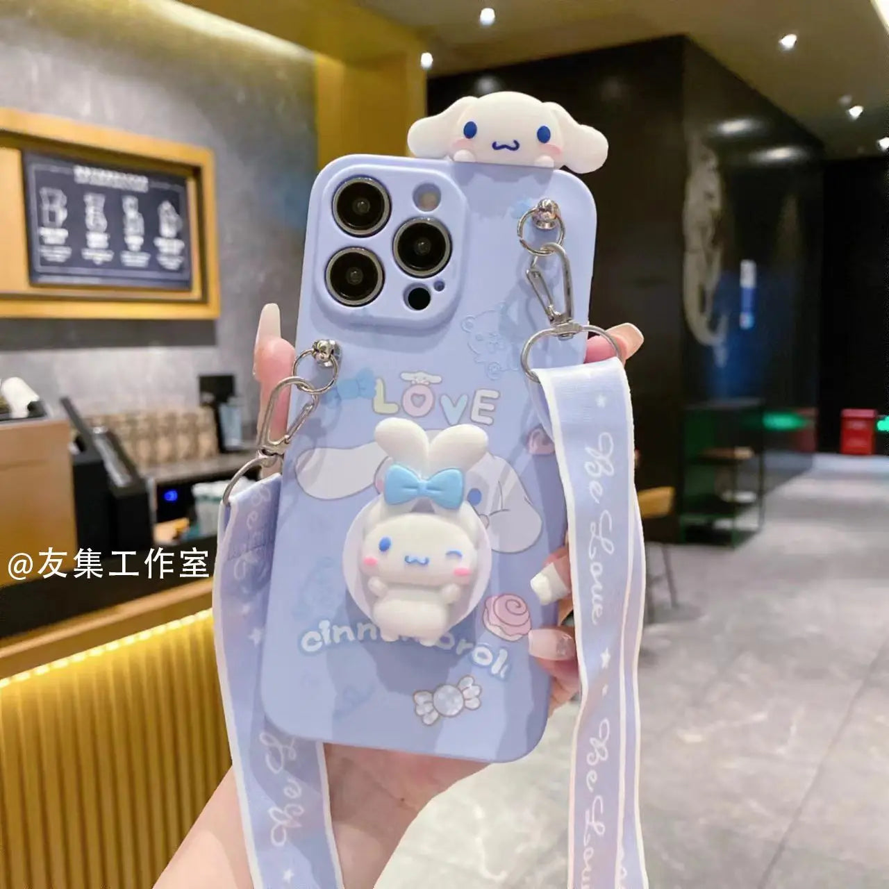 Sanrio Cinnamoroll With Lanyard Holder Phone Cases For iPhone 15 14 13 12 11 Pro Max Mini XR XS MAX 8 X 7 SE Plus Silicone Cover