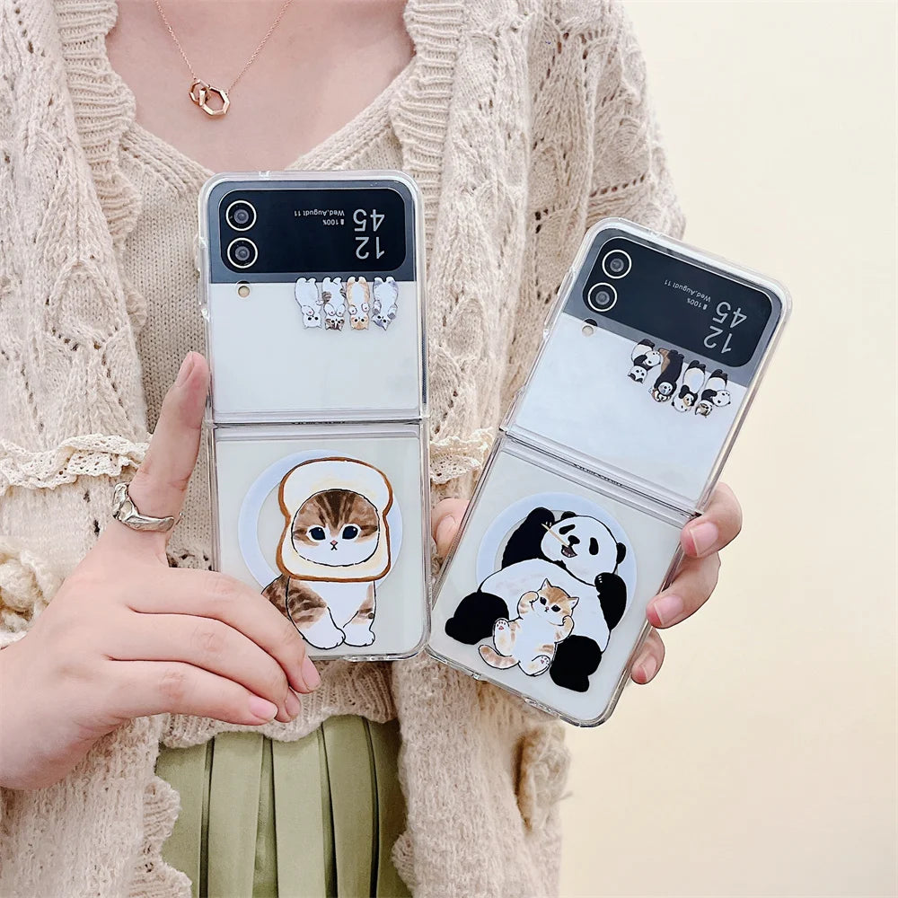 Cute Panda Case For Samsung Z Flip 5 4 3 Lovely Cat Magsafe Cover For Galaxy Z Flip5 Z Flip 4 3 PC Hard Shockroof Clear Cover