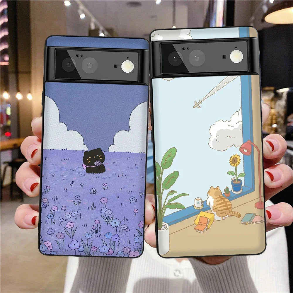 Cartoon Cute Cat Phone Case for Google Pixel 8 Pro  7Pro 7 6a 6 6Pro 5 5a 5G 4XL 4 3XL 3 3a 3aXL 4a Soft Silicone Cover Fundas