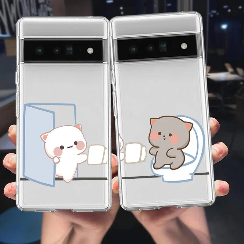 Funny Cat Couple Phone Case for Google Pixel 7A  7 7Pro 6Pro 6 6A 8 8Pro Cartoon Animal Clear Paired Cover Shells