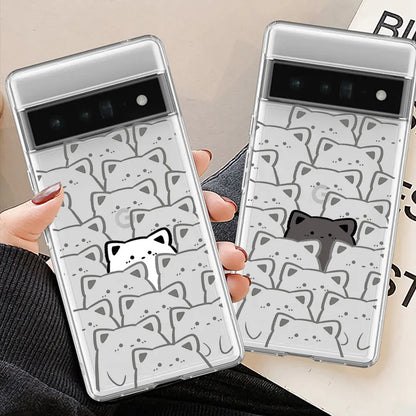 Cute Cartoon Cat Phone Cover for Google Pixel 7A 7 6 Pro 6a 7 Pro 5G Couple Paired Transparent Case Fundas Shell