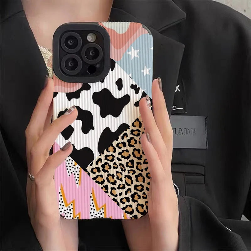 Creative Leopard Cow Silicone Leather Case For iPhone 15 14 13 Pro Max 11 12 Mini SE 7 8 Plus X XR XS MAX Soft Shockproof Cover