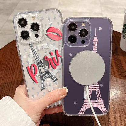 Fashion Paris Tower Red Lips Magnetism Phone Case For iPhone 14 13 12 11 X XS XR Pro Max 14Plus Shockproof Acrylic Back Cover