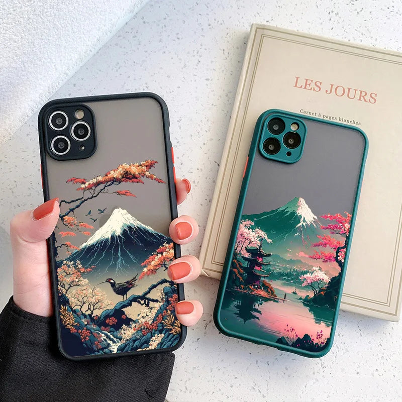 Japanese Aesthetic Mount Fuji Landscape Map Phone Case For iPhone 7 8 Plus 14 13 12 11 15 Pro Max Mini XR XS X Shockproof Cover