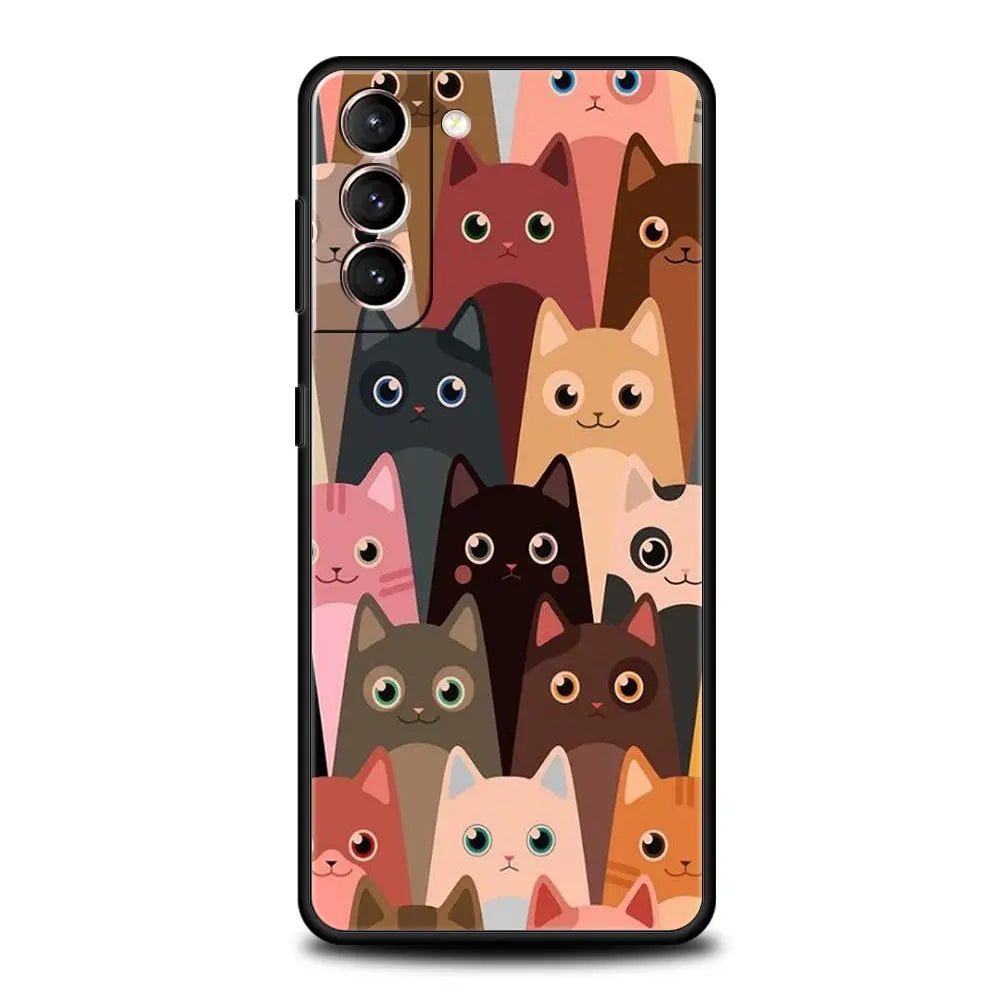 Cartoon Cute Cats Background Phone Case For Samsung Galaxy S22 S20 FE S21 Ultra 5G S9 S8 S10 Plus S10E Note 10 Lite 20 Cover