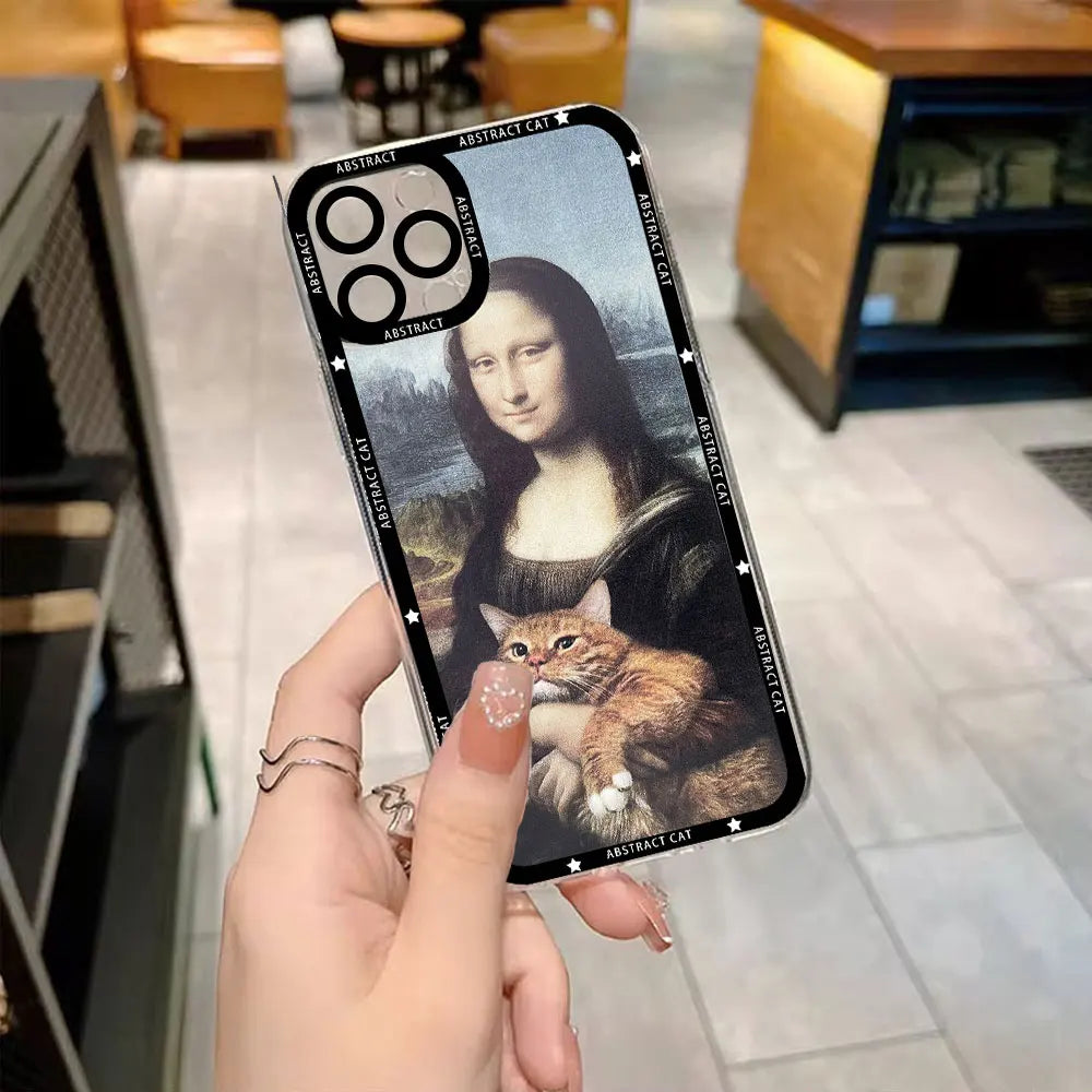 Van-Gogh Gustav Klimt Mona Lisa Fun Cat Art Phone Case for IPhone 15 14 13 12 11 Pro Max Mini XS X XR 7 8 Plus Clear Soft Covers