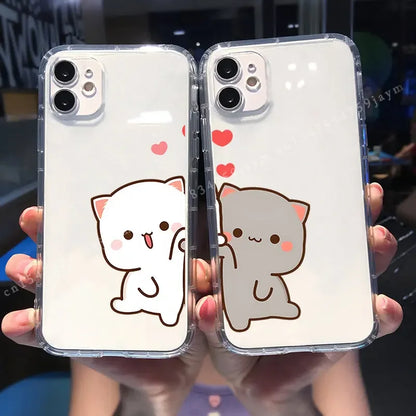 Cute Peach Mochi Cat Couple Phone Case For iPhone 12 11 Pro MAX 13 XS XR 7 15 X 14 8Plus Lover Pairs Shockproof Soft Cover Shell