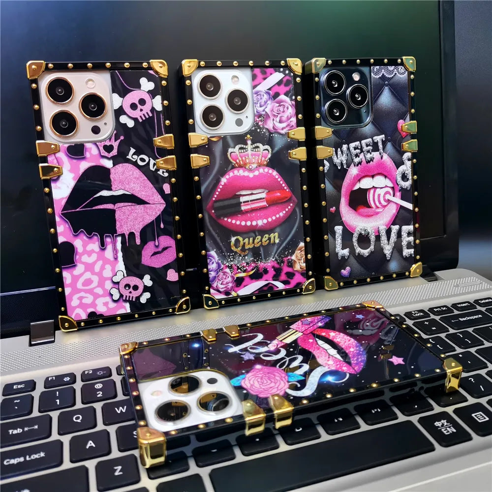 Colorful Glitter Square Phone Cover Fashion Queen Pink lip Case For Samsung Galaxy S23 Ultra S22 Plus S10 S20 S21 FE Note 20 10