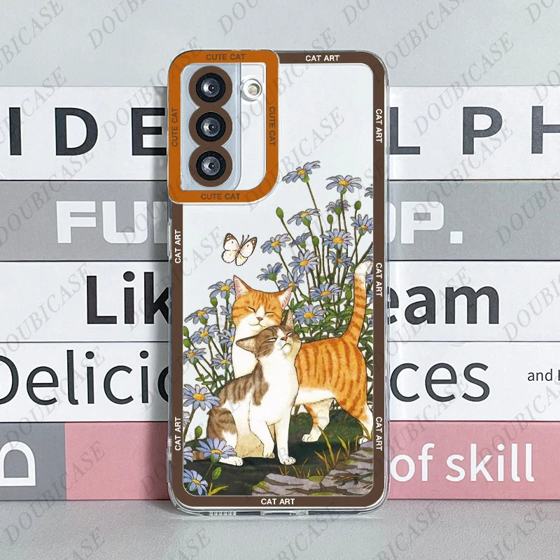 Case For Samsung Galaxy S20 S21 S22 S23 Fe Plus Ultra A13 A14 A51 A52 A54 A73 5G Cute Cat Art Funda Cover