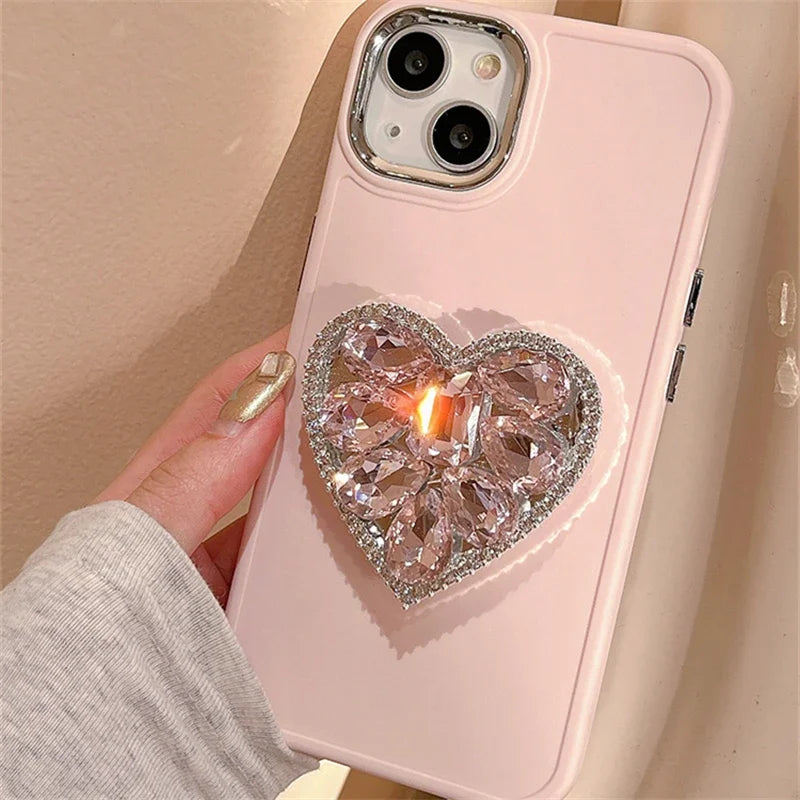 Cute Pink Diamand Love Stand Phone Case Suitable for iPhone 15, 14, 12, 13, 11 Pro Max Easy Stand Soft Silicone Cover