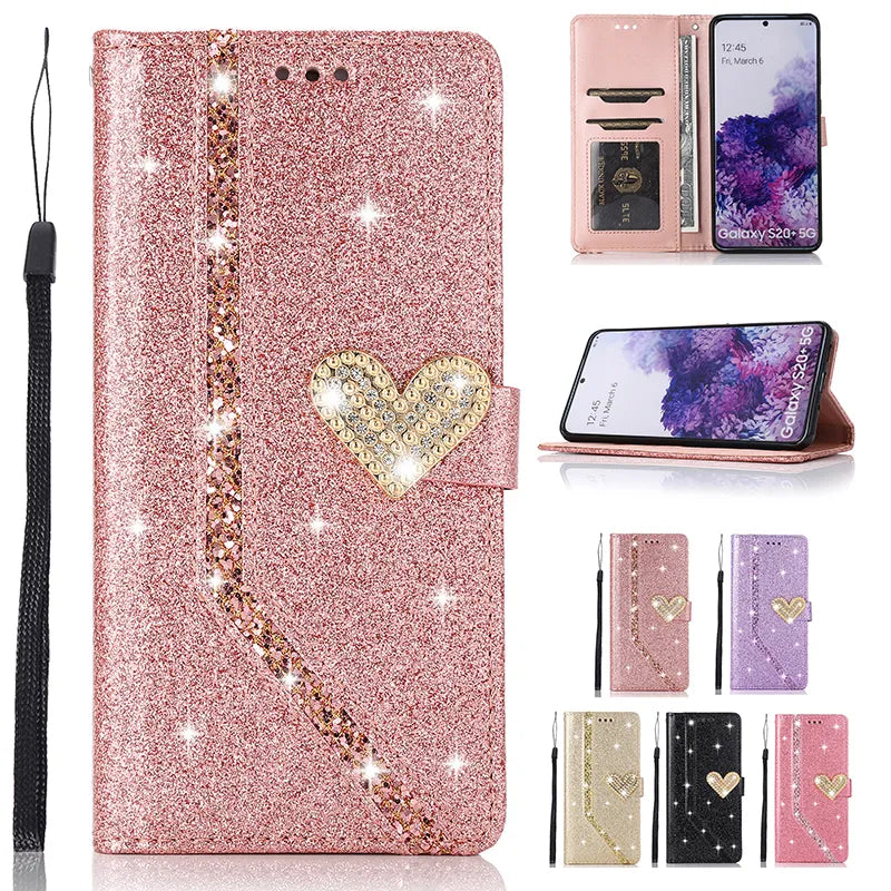 Shiny Case For Samsung Galaxy S23 S22 S21 FE S20 Ultar S9 S10 Plus A12 A13 A14 A52 A53 A72 A73 A51 A71 Wallet Flip Leather Case